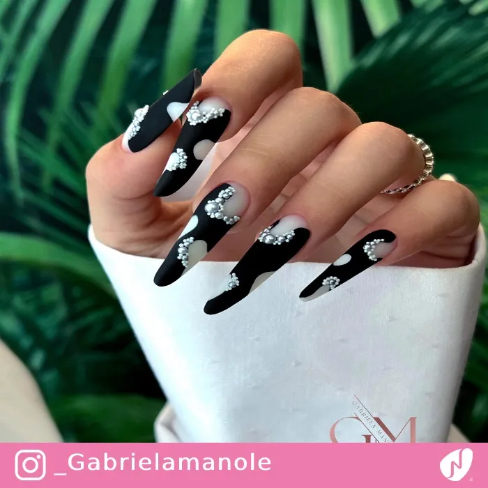 Black Nails with Negative Space and Beads